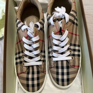 Burberry Plaid Sneakers in Tan and Black